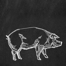 Teilstücke vom Schwein als Kreidezeichnung eines Schweins auf schwarzer Tafel