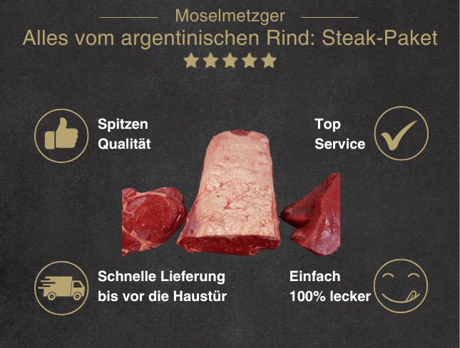 Erklärung warum das argentinische Rinder Steak Vorteilspaket gut ist 1. Spitzen Qualität 2. Top Service 3. Schnelle Lieferung bis vor die Haustür 4. Einfach 100% lecker