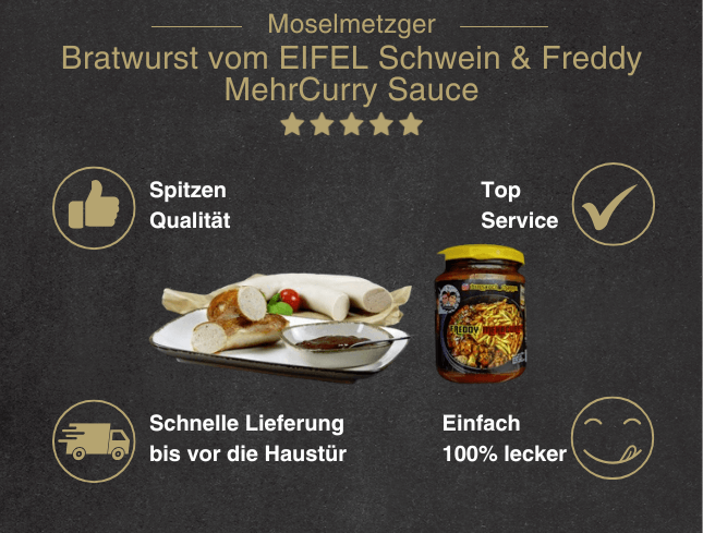 Erklärung warum das Bratwurst und Freddy MehrCurry Sauce Vorteilspaket gut ist 1. Spitzen Qualität 2. Top Service 3. Schnelle Lieferung bis vor die Haustür 4. Einfach 100% lecker