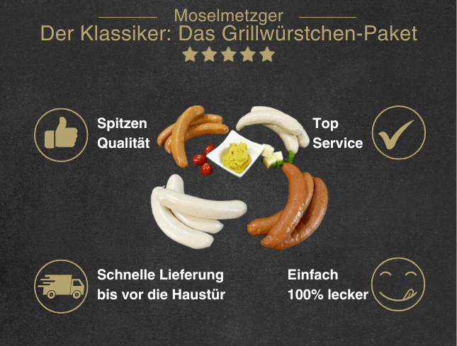Erklärung warum Grillwurstchen Paket gut ist  1. Spitzen Qualität. 2. Top Service 3. Schnelle Lieferung bis vor die Haustür 4. Einfach 100% lecke