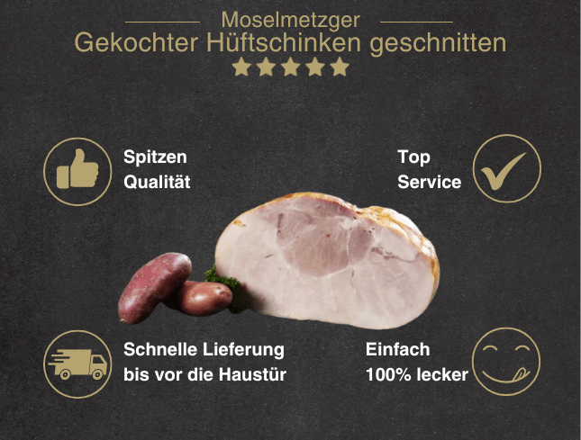 Erklärung warum gekochter Hueftschinken gut ist 1. Spitzen Qualität 2. Top Service 3. Schnelle Lieferung bis vor die Haustür 4. Einfach 100% lecker