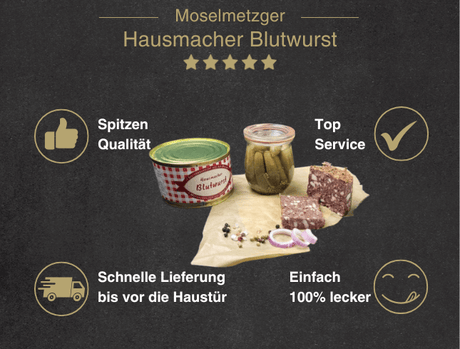 Erklärung warum Hausmacher Leberwurst in der Dose gut ist 1. Spitzen Qualität 2. Top Service 3. Schnelle Lieferung bis vor die Haustür 4. Einfach 100% lecker