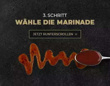Banner 3ter Schritt wähle die Marinade Marinade wird mit Löffel auf schwarzer Schieferplatte verteilt