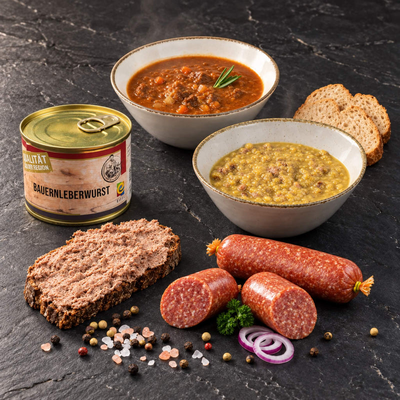 Gulaschsuppe, Erbsensuppe, Bauernleberwurst, Zwiebelmettwurst im Sparpket auf Schieferplatte