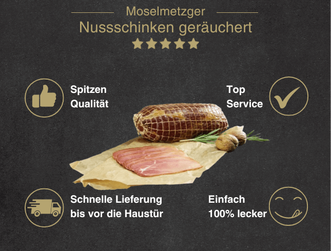 Erklärung warum Nussschinken gut ist 1. Spitzen Qualität 2. Top Service 3. Schnelle Lieferung bis vor die Haustür 4. Einfach 100% lecker
