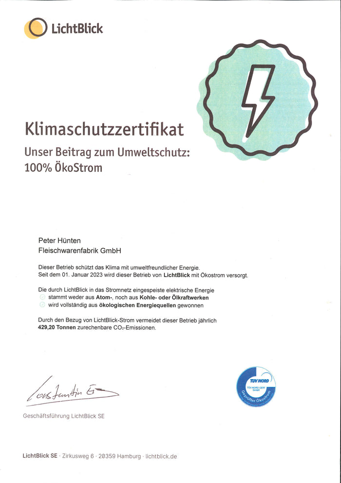 Ökostrom Klimaschutzzertifikat von Peter Hünten Moselmetzger