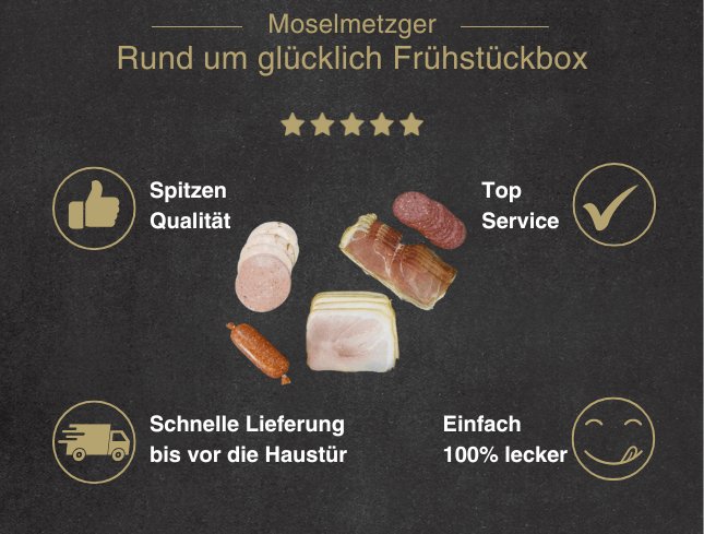 Erklärung warum die Rund um glücklich Frühstücksbox gut ist 1. Spitzen Qualität 2. Top Service 3. Schnelle Lieferung bis vor die Haustür 4. Einfach 100% lecker