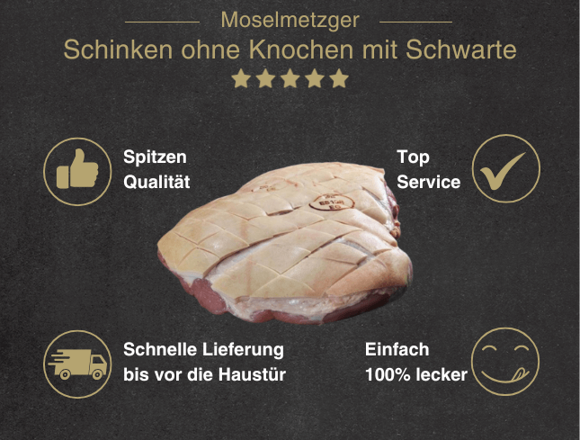 Erklärung warum Schweineschinken ohne Knochen mit Schwarte in Gewürzlake gut ist 1. Spitzen Qualität 2. Top Service 3. Schnelle Lieferung bis vor die Haustür 4. Einfach 100% lecker