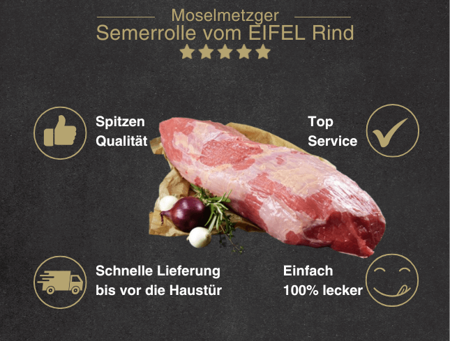 Erklärung warum Semerrolle vom Eifelschwein gut ist 1. Spitzen Qualität 2. Top Service 3. Schnelle Lieferung bis vor die Haustür 4. Einfach 100% lecker