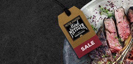 Teller mit gebratenem T Bone Steak und dem Moselmetzgerhinweisschild sale