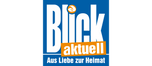Logo Blick aktuell in den Farben blau und orange mit weißem Schriftzug auf beigem Hintergrund