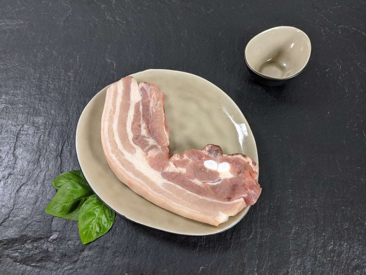Schweinebauchscheibe natur auf Teller angerichtet mit Kräutern auf Schieferhintergrund