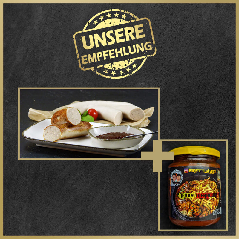 Bratwurst vom EIFEL Schwein und Freddy MehrCurry Sauce im Glas im Probierpaket