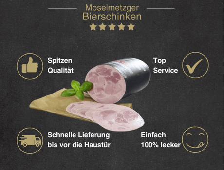 Erklärung warum Bierschinken geschnitten gut ist 1. Spitzen Qualität 2. Top Service 3. Schnelle Lieferung bis vor die Haustür 4. Einfach 100% lecker