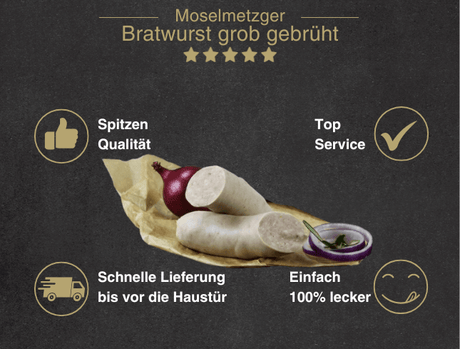 Erklärung warum Bratwurst grob gebrüht gut ist 1. Spitzen Qualität 2. Top Service 3. Schnelle Lieferung bis vor die Haustür 4. Einfach 100% lecker