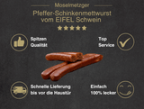 Erklärung warum Pfefferschinkenmettwurst vom EIFEL Schwein gut ist  1. Spitzen Qualität 2. Top Service 3. Schnelle Lieferung bis vor die Haustür 4. Einfach 100% lecker