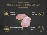 Erklärung warum Rückensteak natur vom EIFEL Schwein gut ist 1. Spitzen Qualität 2. Top Service 3. Schnelle Lieferung bis vor die Haustür 4. Einfach 100% lecker