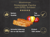 Erklärung warum Rückensteak Paprika vom EIFEL Schwein gut ist  1. Spitzen Qualität 2. Top Service 3. Schnelle Lieferung bis vor die Haustür 4. Einfach 100% lecker