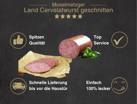 Erklärung warum Landcervalatwurst geschnitten gut ist 1. Spitzen Qualität 2. Top Service 3. Schnelle Lieferung bis vor die Haustür 4. Einfach 100% lecker