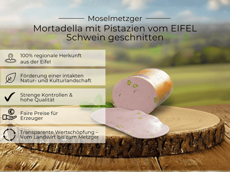 Mortadella mit Pistazien vom EIFEL Schwein geschnitten