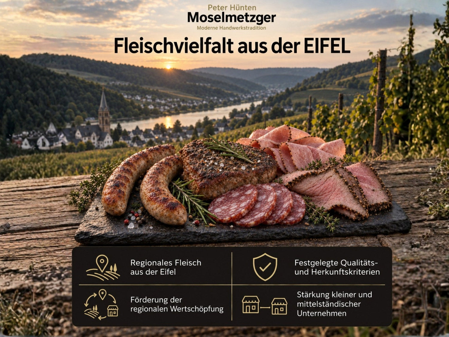 Regionales Fleisch der Regionalmarke EIFEL beim Moselmetzger: regionale Herkunft, festgelegte Qualitäts- und Herkunftskriterien, regionale Wertschöpfung