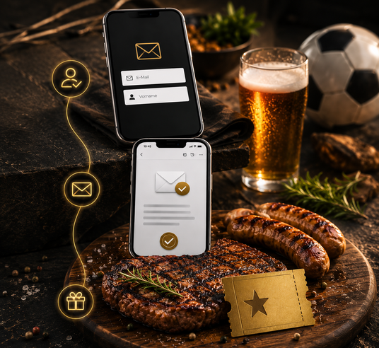  Informationsgrafik: Vorteile erhalten durch Newsletteranmeldung mit Bier und Fußball im Hintergrund