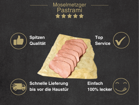 Erklärung warum Pastrami gut ist 1. Spitzen Qualität 2. Top Service 3. Schnelle Lieferung bis vor die Haustür 4. Einfach 100% lecker