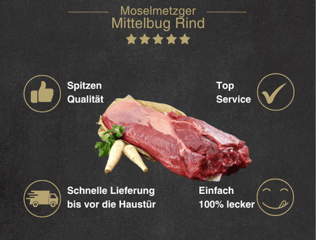 Erklärung warum Rindermittelbug gut ist 1. Spitzen Qualität 2. Top Service 3. Schnelle Lieferung bis vor die Haustür 4. Einfach 100% lecker