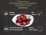 Erklärung warum Rindergulasch vom Bugstück vom Eifel Rind gut ist 1. Spitzen Qualität 2. Top Service 3. Schnelle Lieferung bis vor die Haustür 4. Einfach 100% lecker