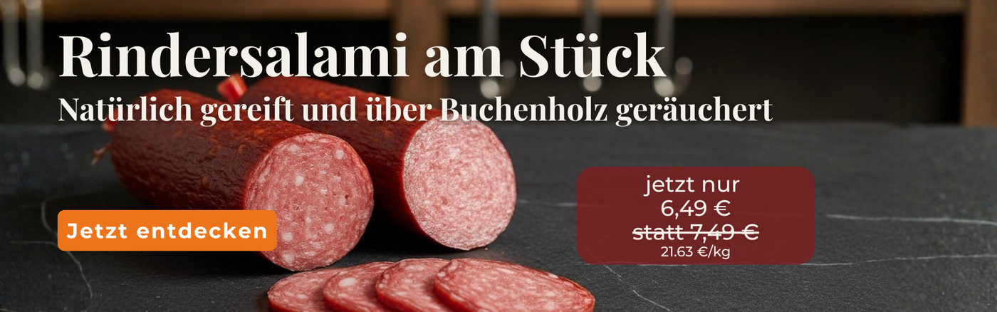 Rindersalami im Angebot auf Tisch platziert