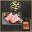 Spareribs angerichtet mit Zwiebel und Kräutern und Spicy Smoke Sensation Sauce im Glas Vorteilspaket